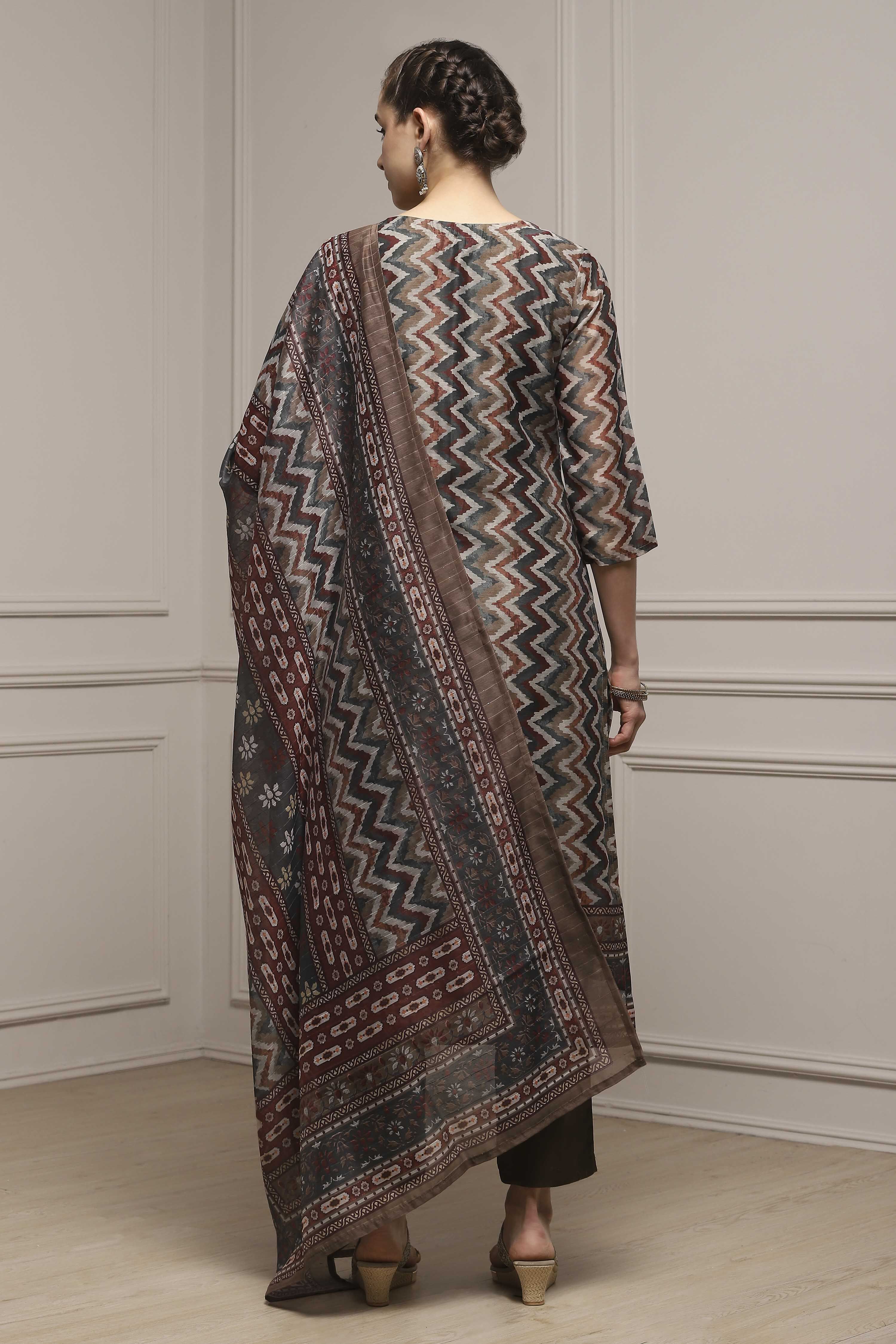 Orange Chanderi Blend Printed Embroidered Unstitched Suit Set image number 5