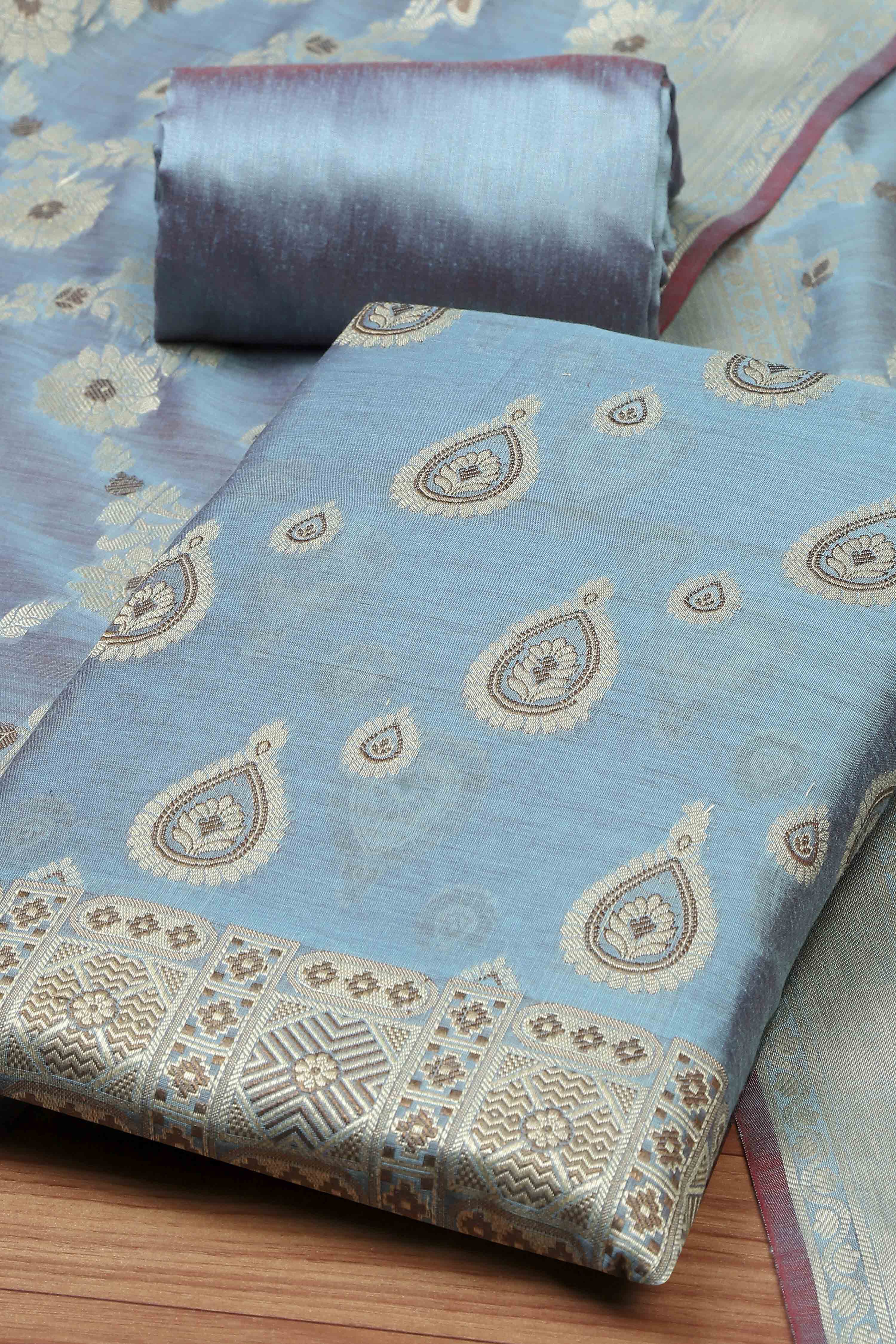 Red Chanderi  Unstitched Suit Set image number 1