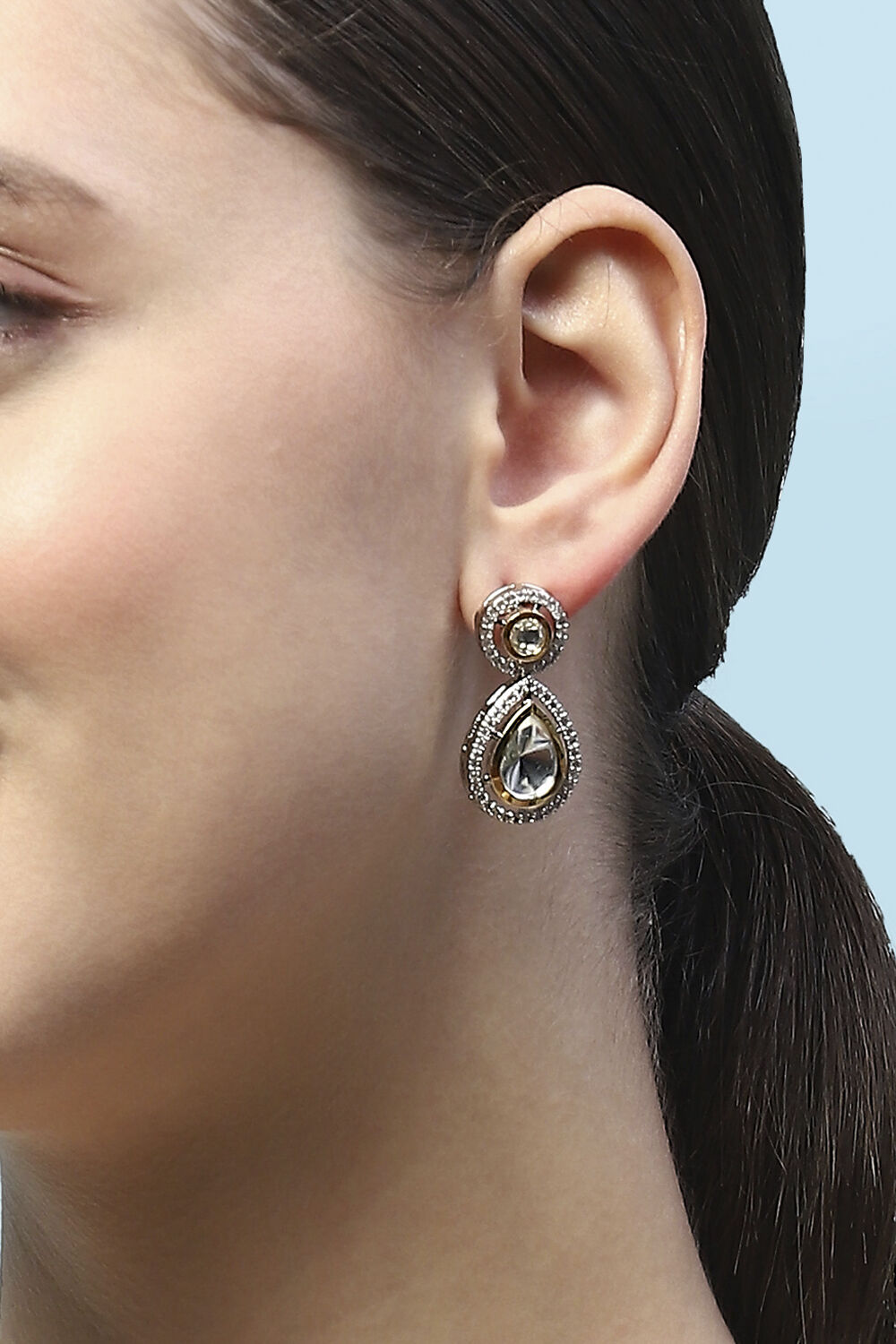 White Silver-Plated Kundan Studded Tear Drop Danglers image number 3