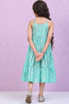 Sea Green Art Silk Tiered Printed Dress image number 4