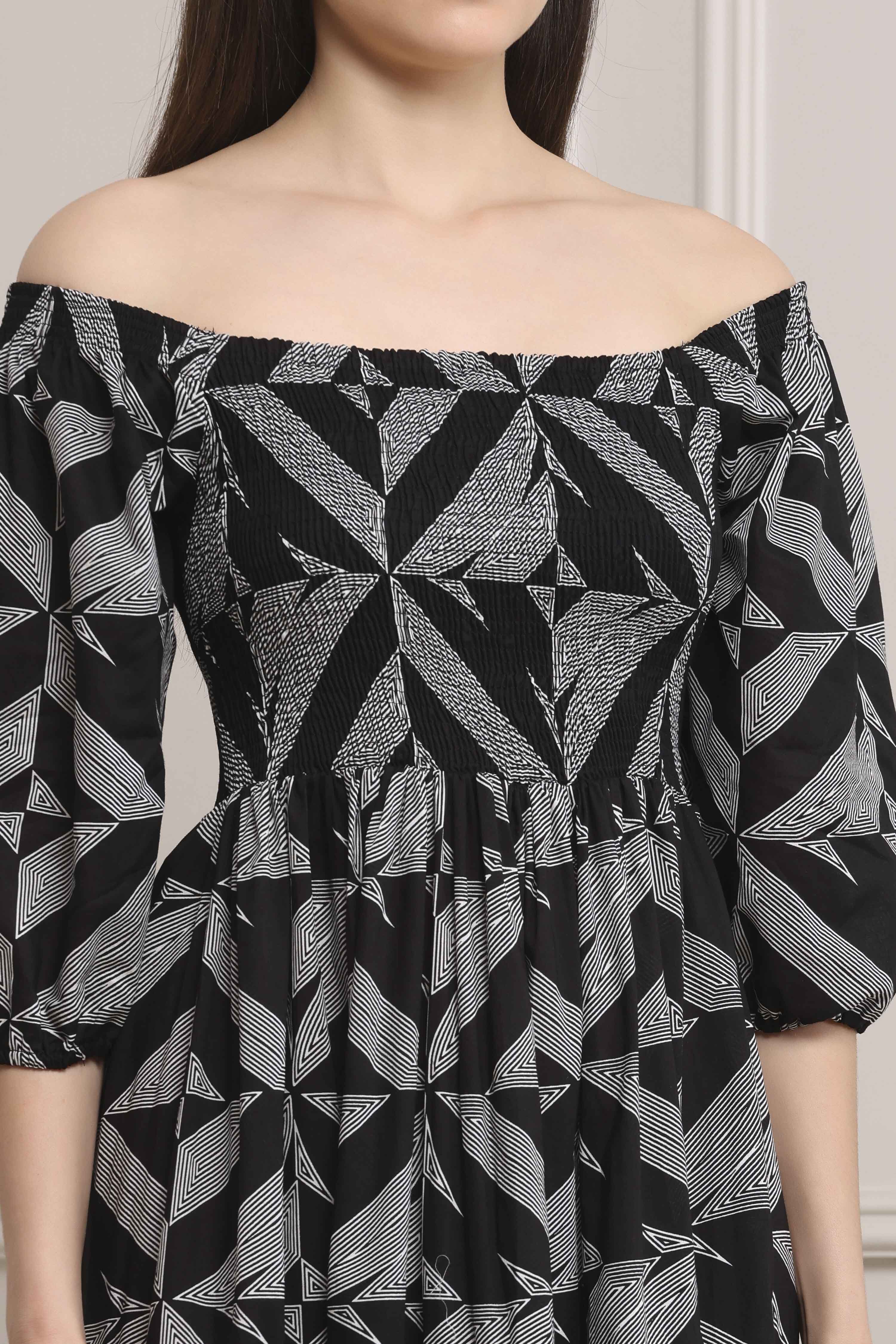 Black Cotton Printed Tiered Dress image number 1