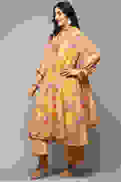 Yellow Poly Viscose A-Line Printed Kurta Palazzo Suit Set image number 4