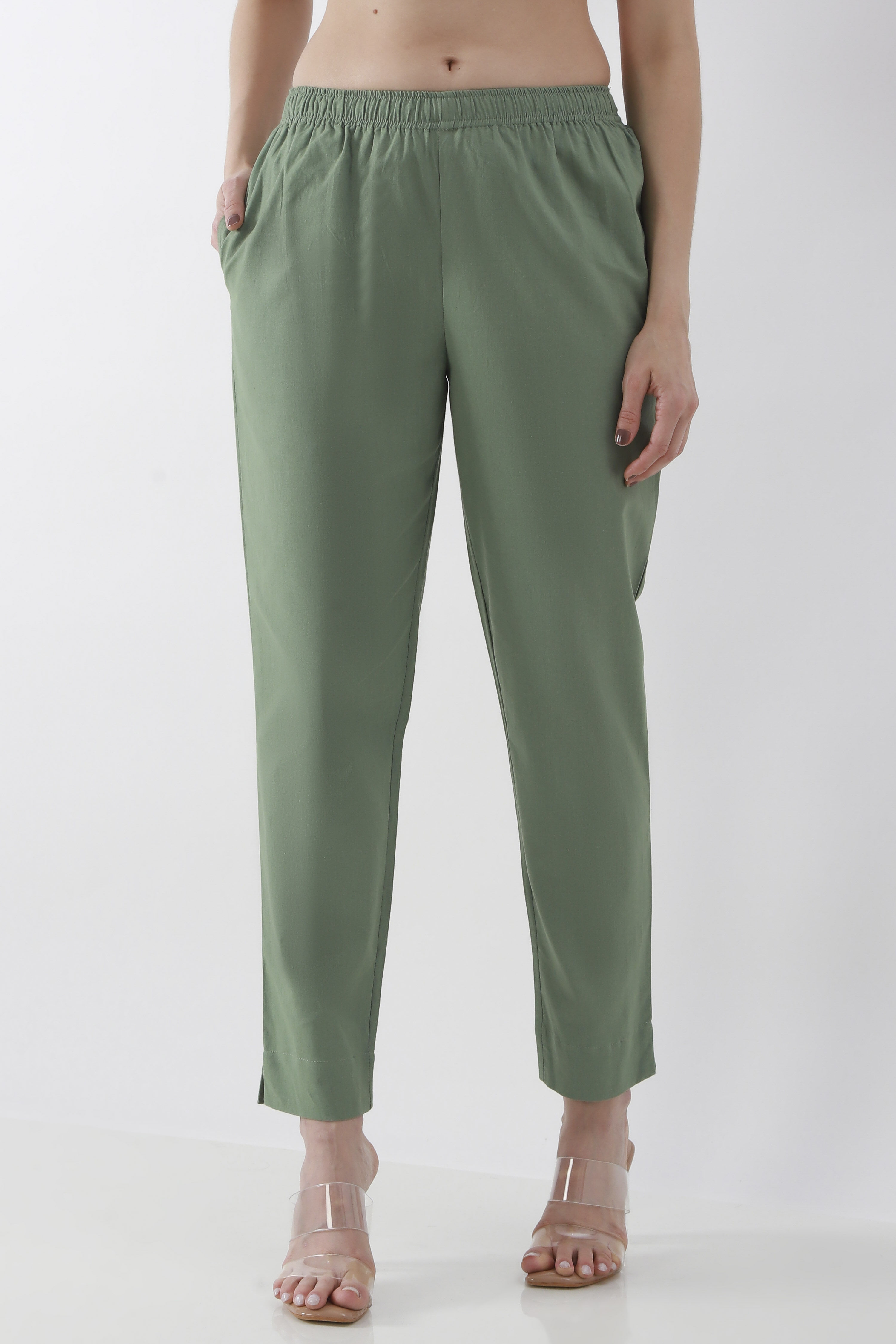 Green Cotton Solid Fitted Pants image number 4