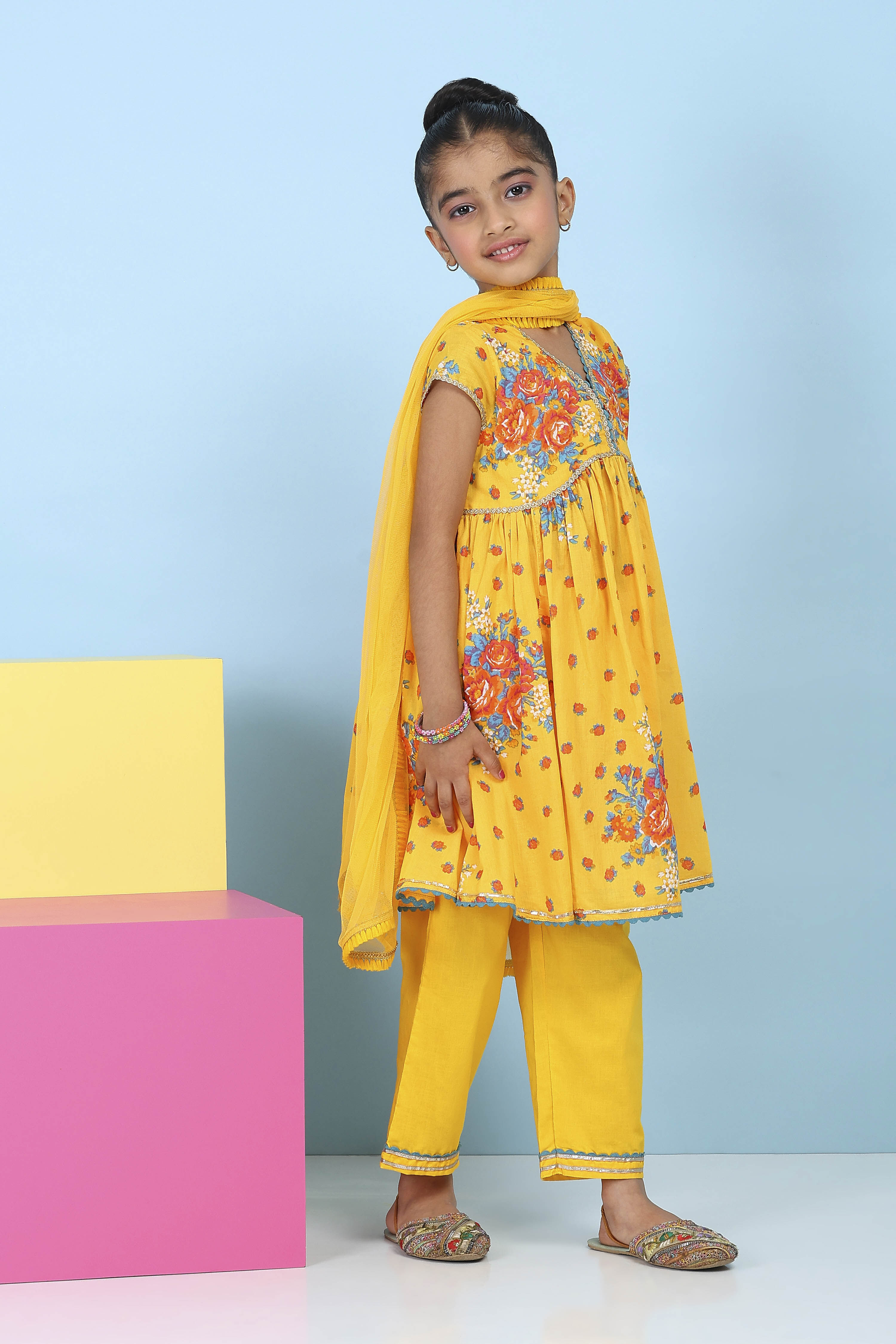 Yellow Cotton Printed Anarkali Suit Set image number 8