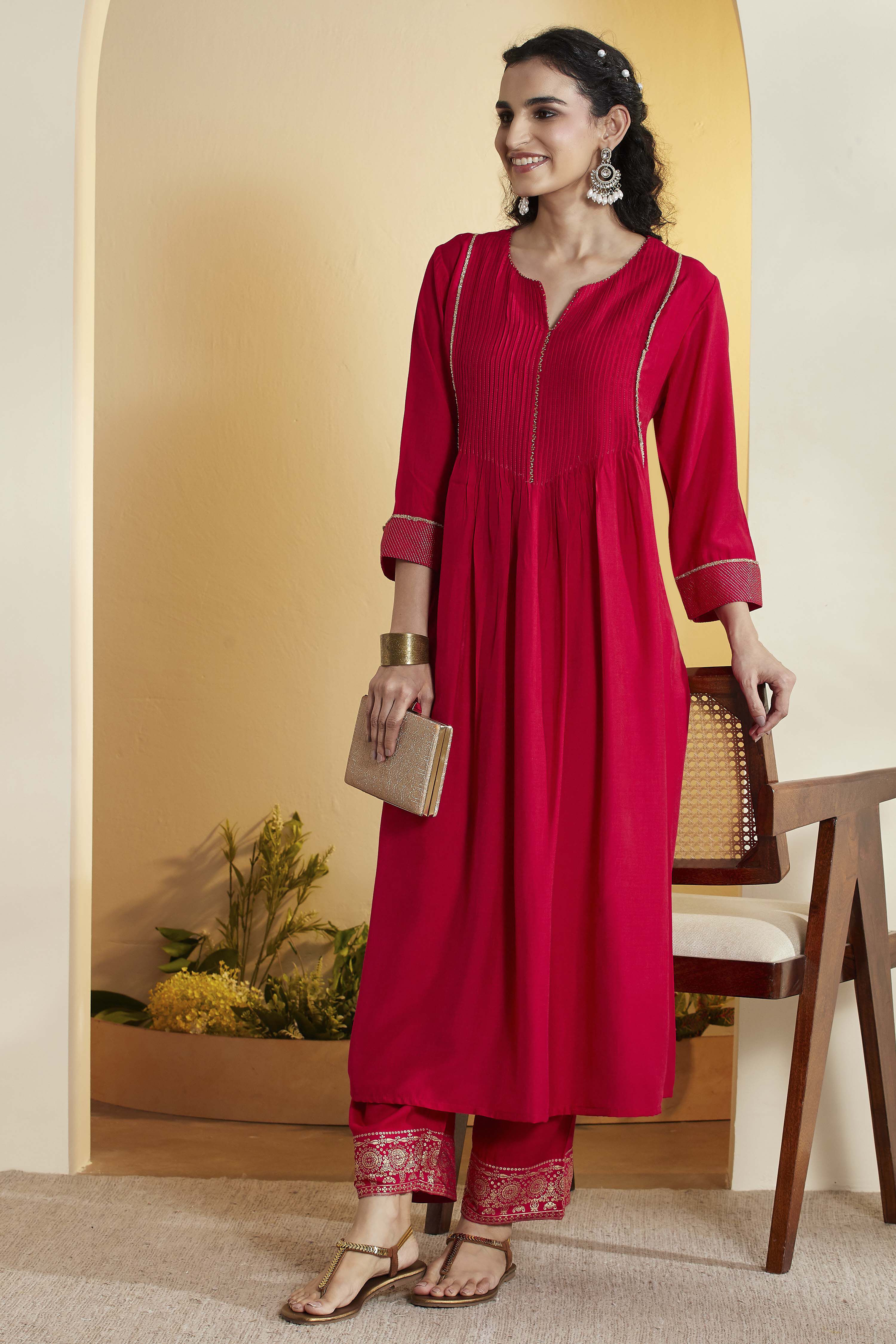Pink Viscose Blend Solid Flared Kurta image number 0
