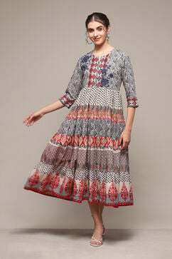 Grey Cotton Tiered Printed Dress image number 0