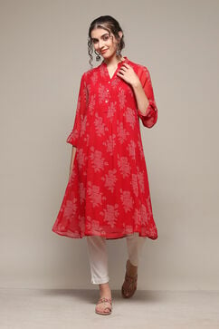 Red Polyester Straight Printed Kurta image number 6