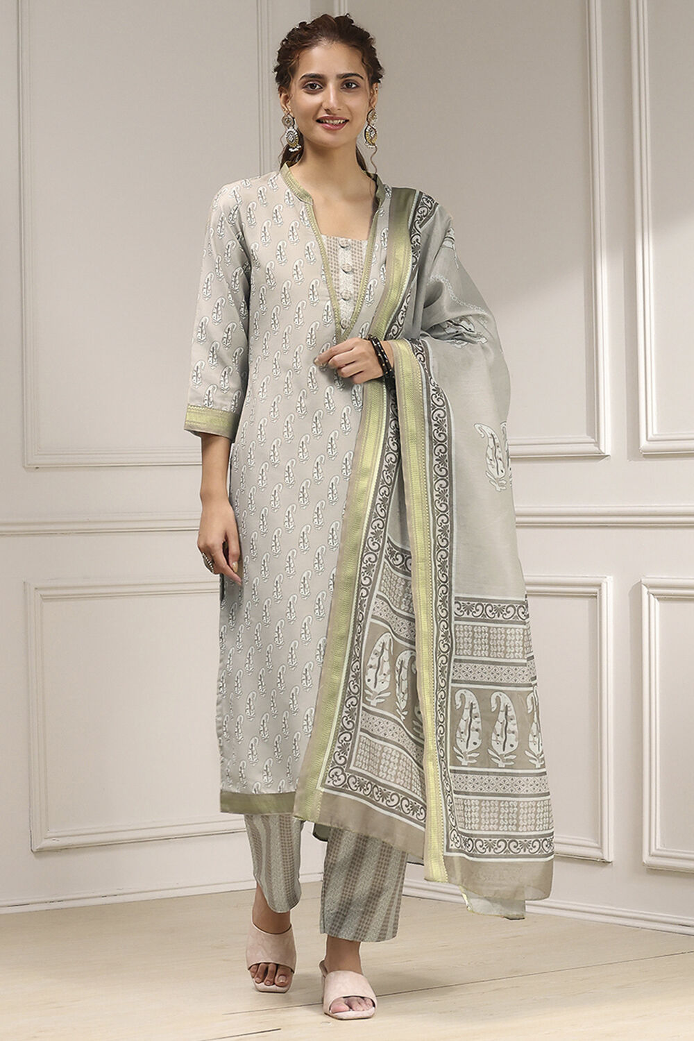 Beige Cotton Modal Digital Print Unstitched Suit Set image number 1
