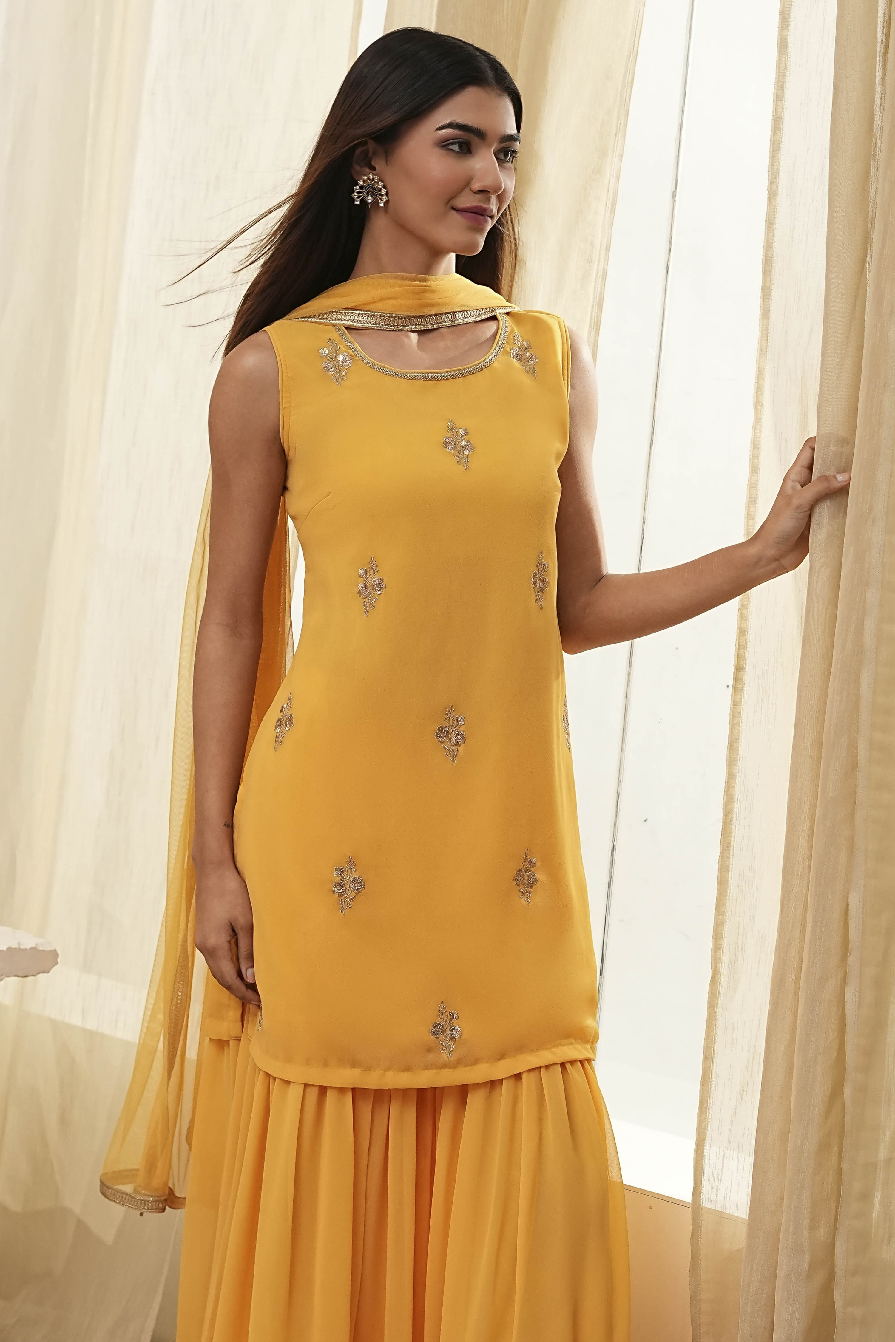 Ochre Yellow Embroidered Straight Suit Set image number 7