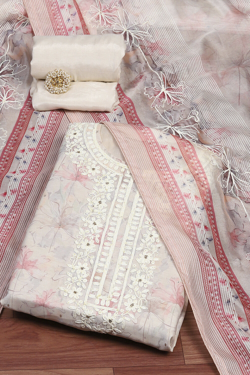 Light Pink Chanderi Unstitched Suit Set image number 0