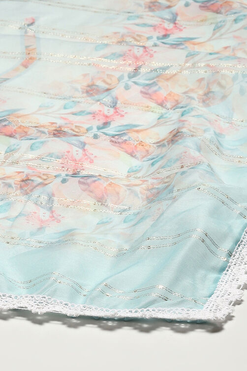 Sky Blue Chanderi Blend Machine Embroidered Unstitched Suit Set image number 4