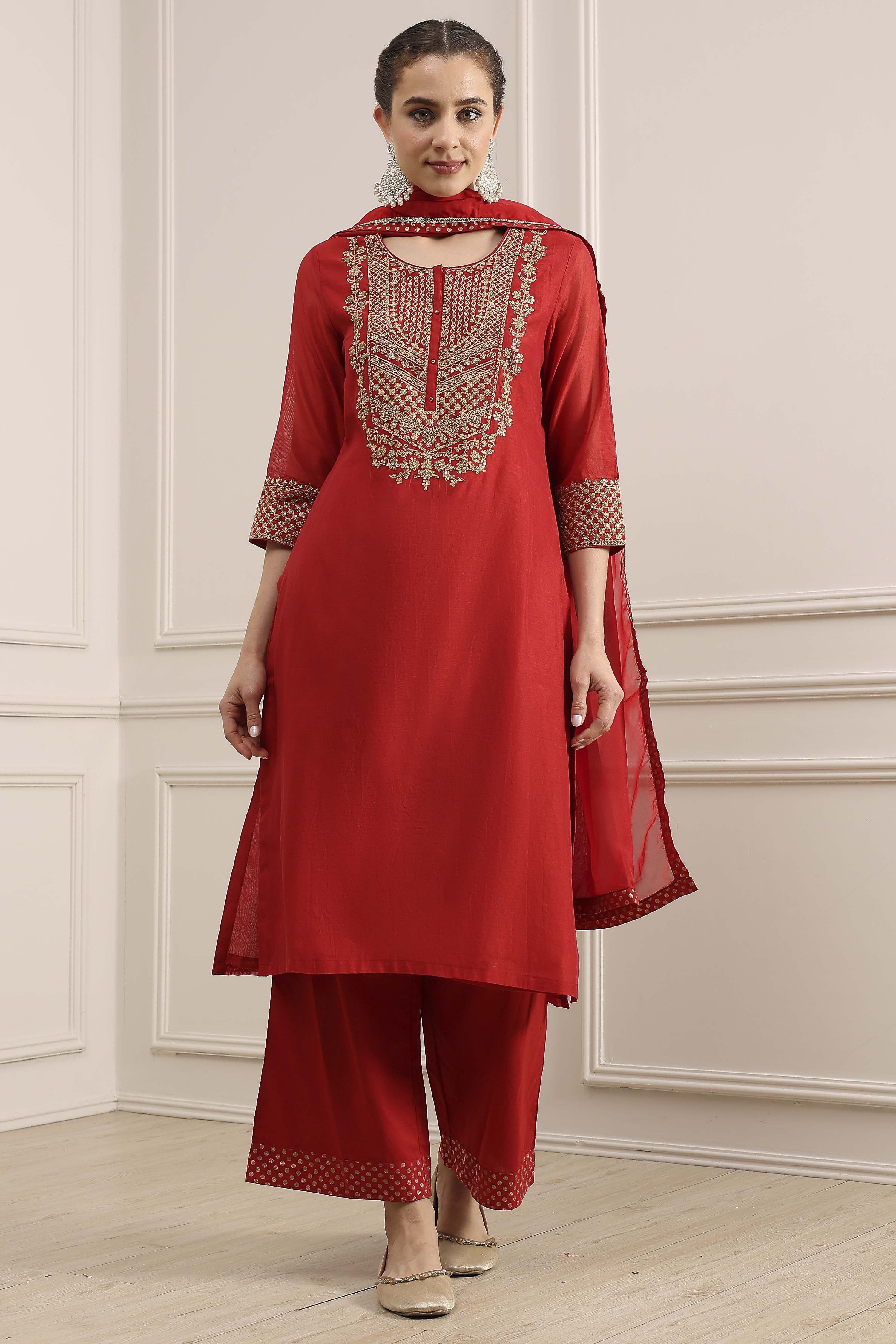 Red Embroidered Art Silk Straight Suit Set image number 6