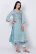 Blue Art Silk Flared Printed Kurta image number 3