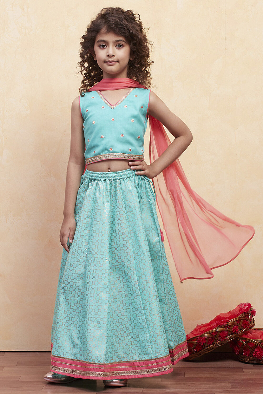 Turquoise Printed Flared Lehenga Set image number 0