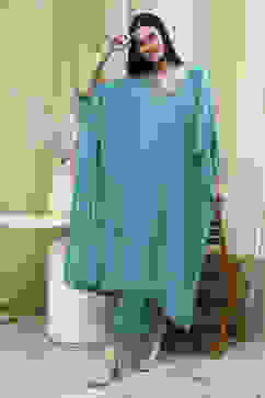 Teal Blue Solid Kaftan-Style Kurta Set image number 0