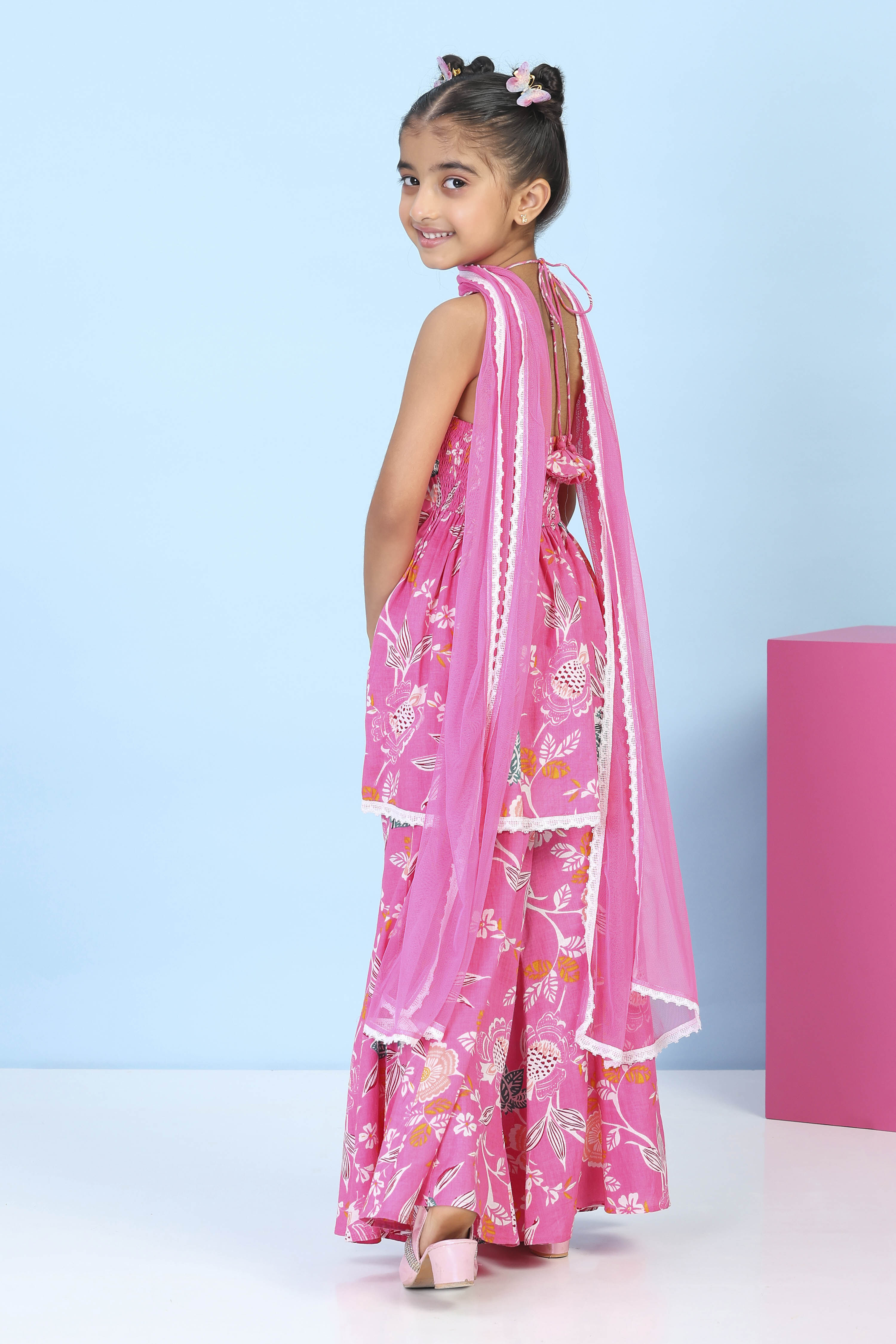 Pink Cotton Printed Gathered Suit Set image number 5
