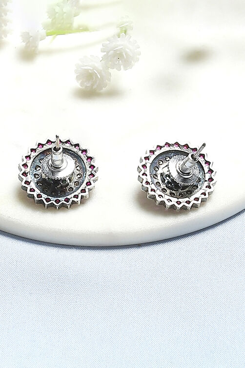 Pink and Green Oxidised Stone-Studded Studs image number 2