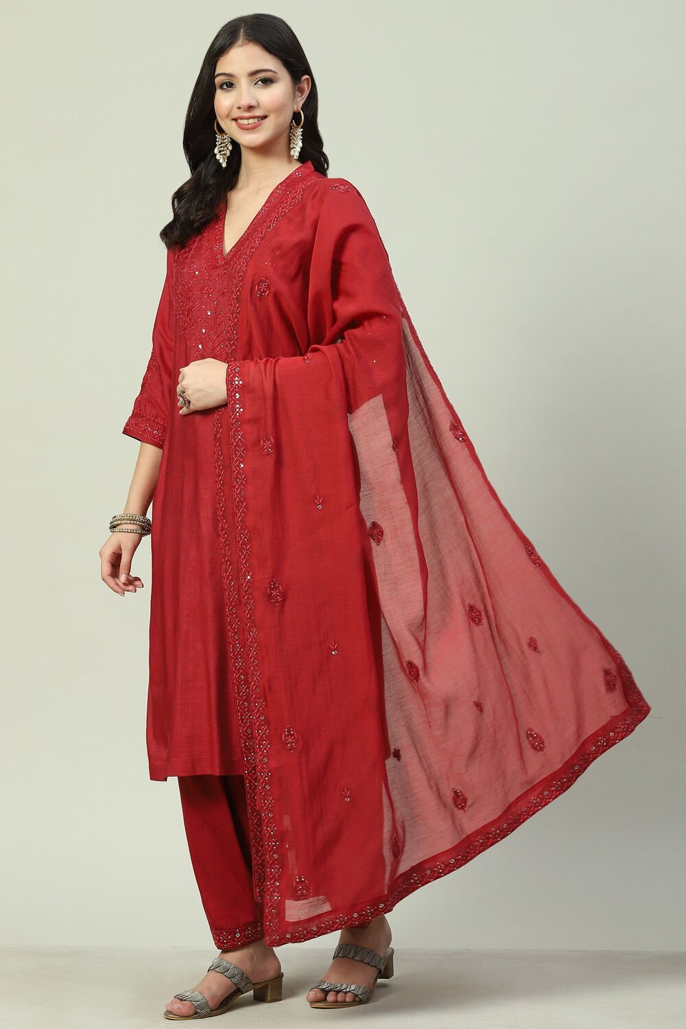 Cherry Red Cotton Straight Kurta Salwar Suit Set at Biba India