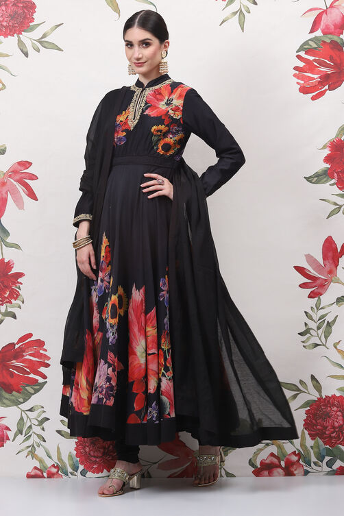 Rohit Bal Black Cotton Silk Anarkali Printed Suit Set image number 5