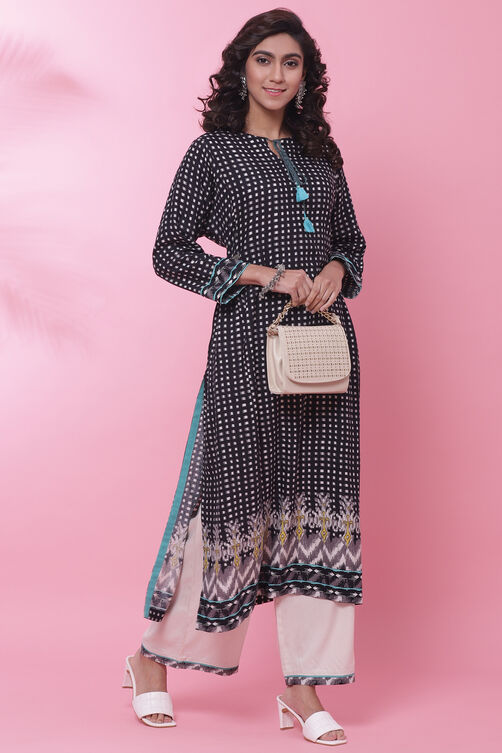 Black Rayon Straight Fusion Printed Kurta Set image number 6