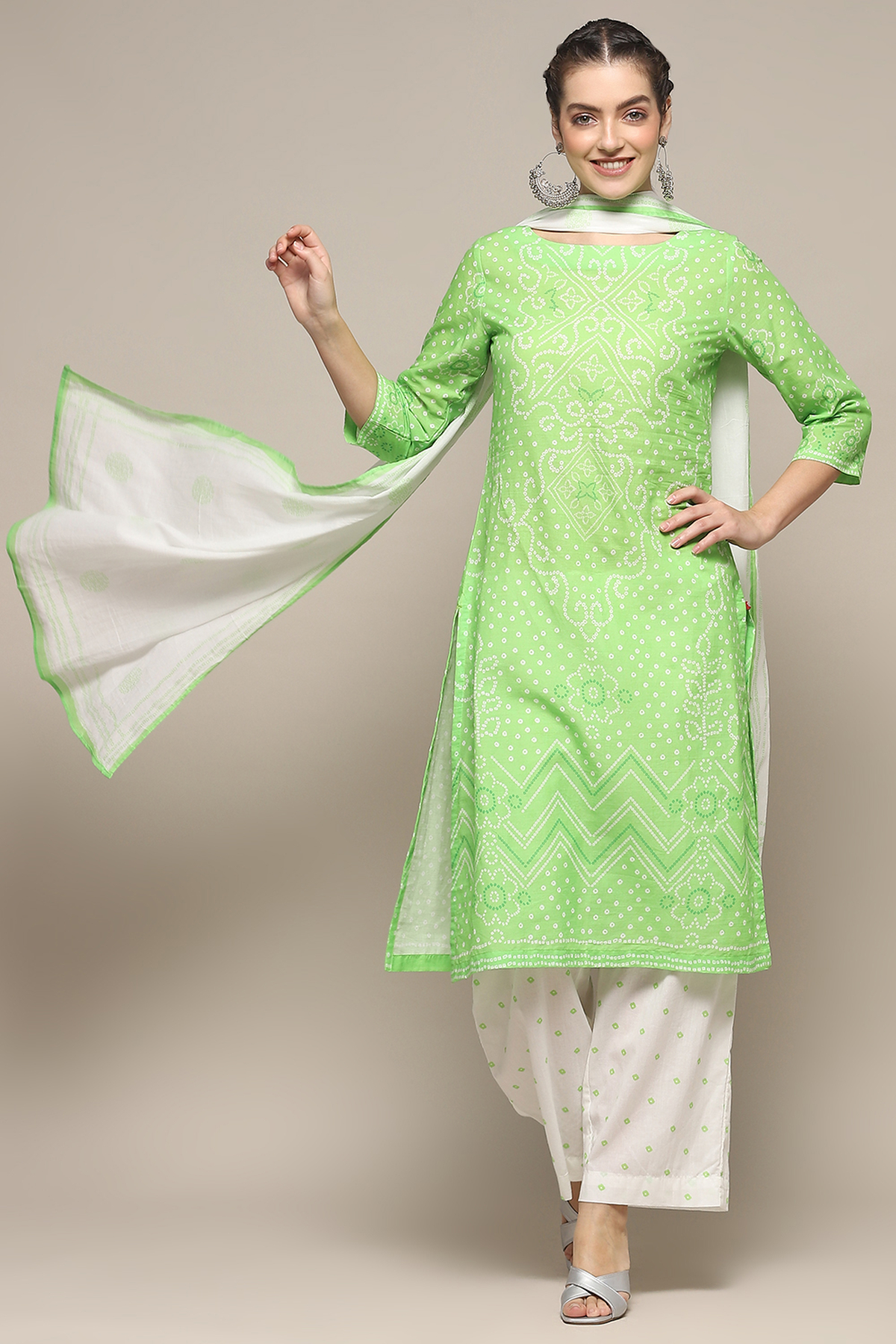 Green Cambric Straight Kurta Palazzo Suit Set