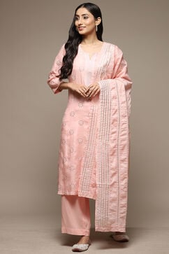 Powder Pink Cotton Blend Straight Kurta Palazzo Suit Set image number 6