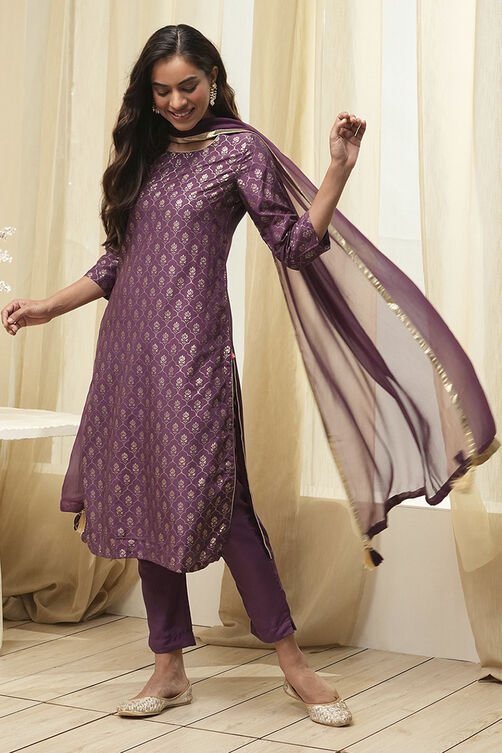 Dark Navy Art Silk Straight Kurta Slim Pants Suit Set image number 7