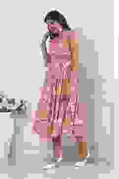 Pink Floral Printed Kalidar Flared Dress image number 2