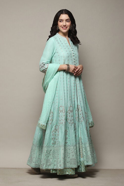 Aqua Blue Cotton Anarkali Kurta Lehenga Set image number 6