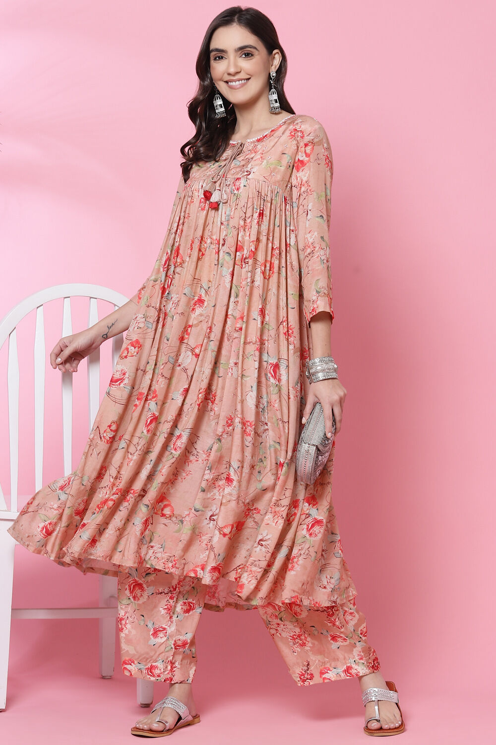Dusky Peach Cotton Modal Flared Kurta Palazzo Suit Set image number 3