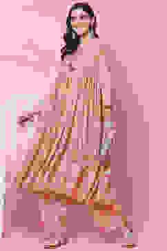 Dusky Peach Cotton Modal Flared Kurta Palazzo Suit Set image number 3