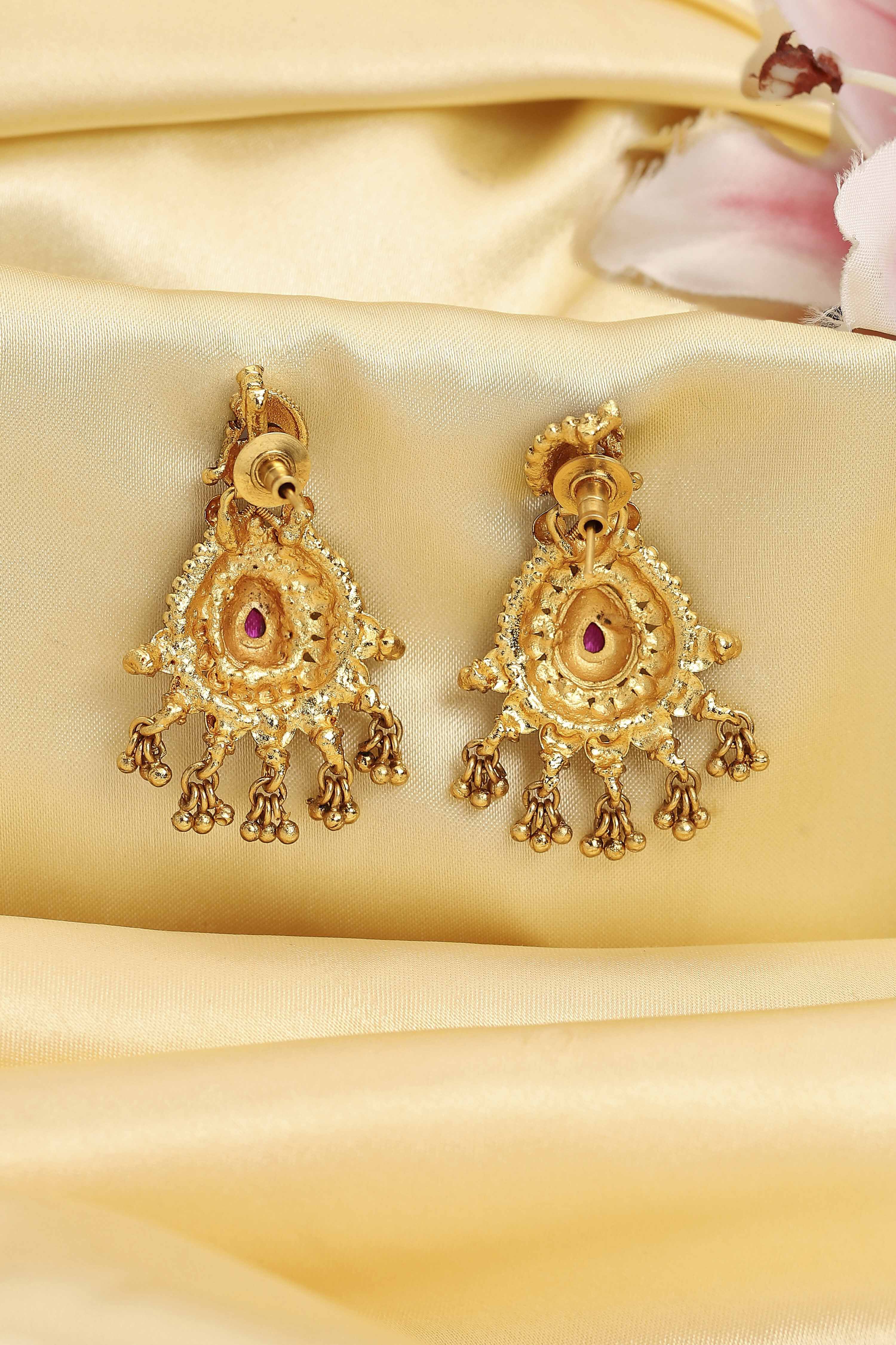 Red Gold Plated Minimal Stone Studded Drop Earrings image number 5