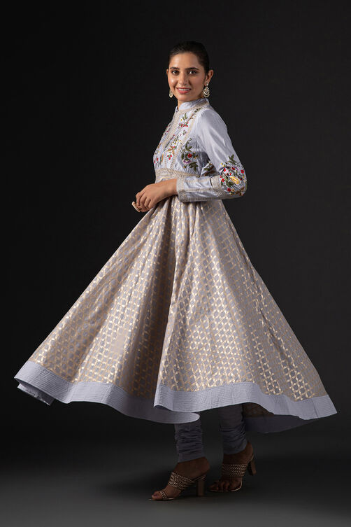 Rohit Bal Blue Cotton Silk Anarkali Embroidered Suit Set image number 4