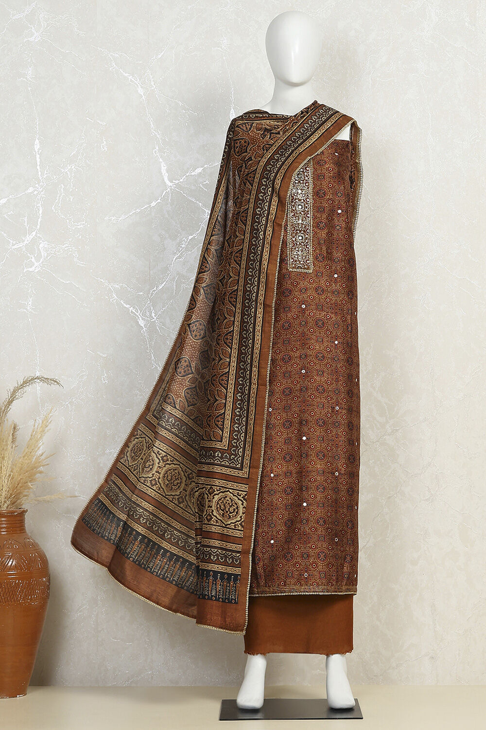 Mustard Brown Silk Blend Unstitched Suit Set image number 4