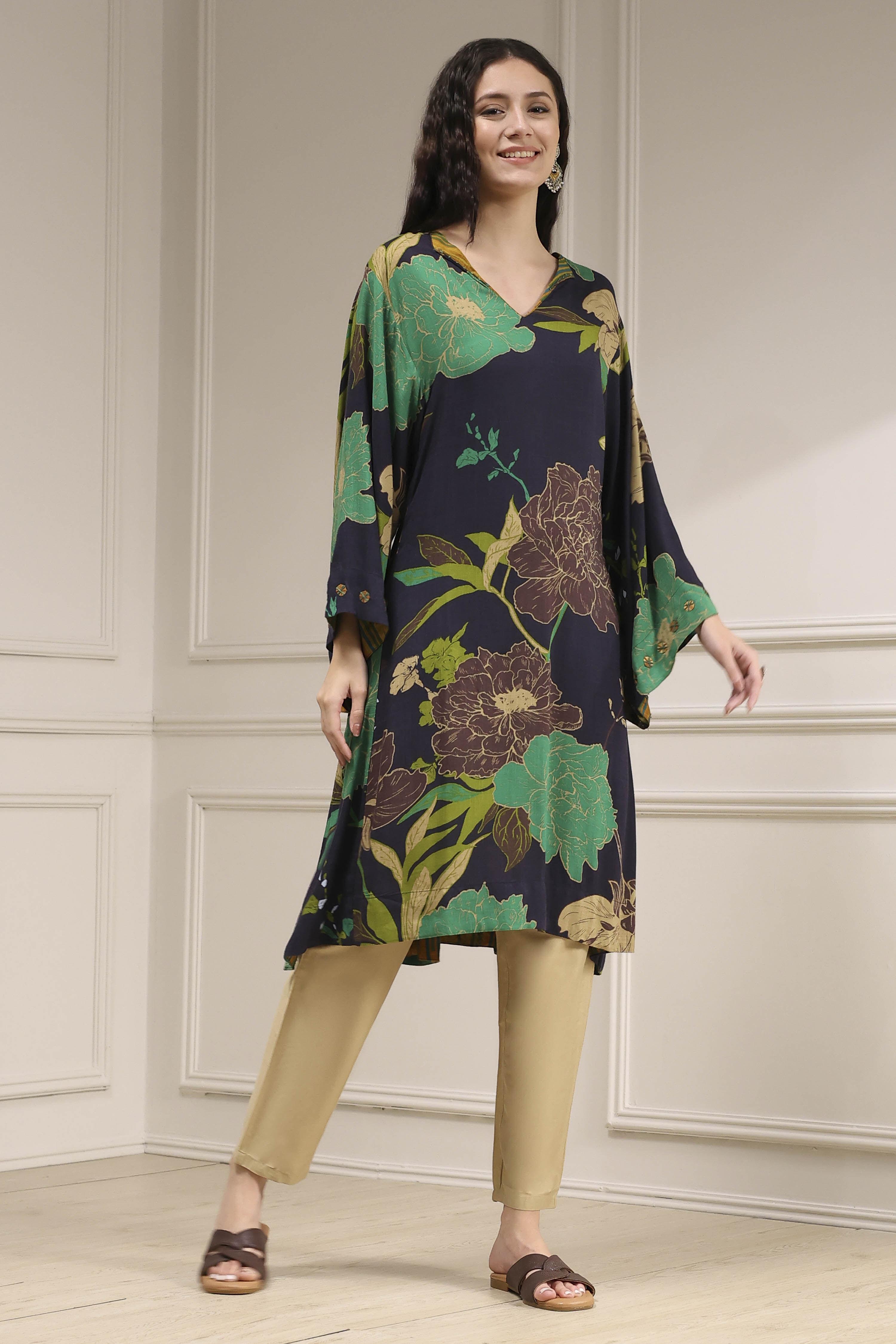 Charcoal Viscose Rayon A-Line Printed Kurta image number 4