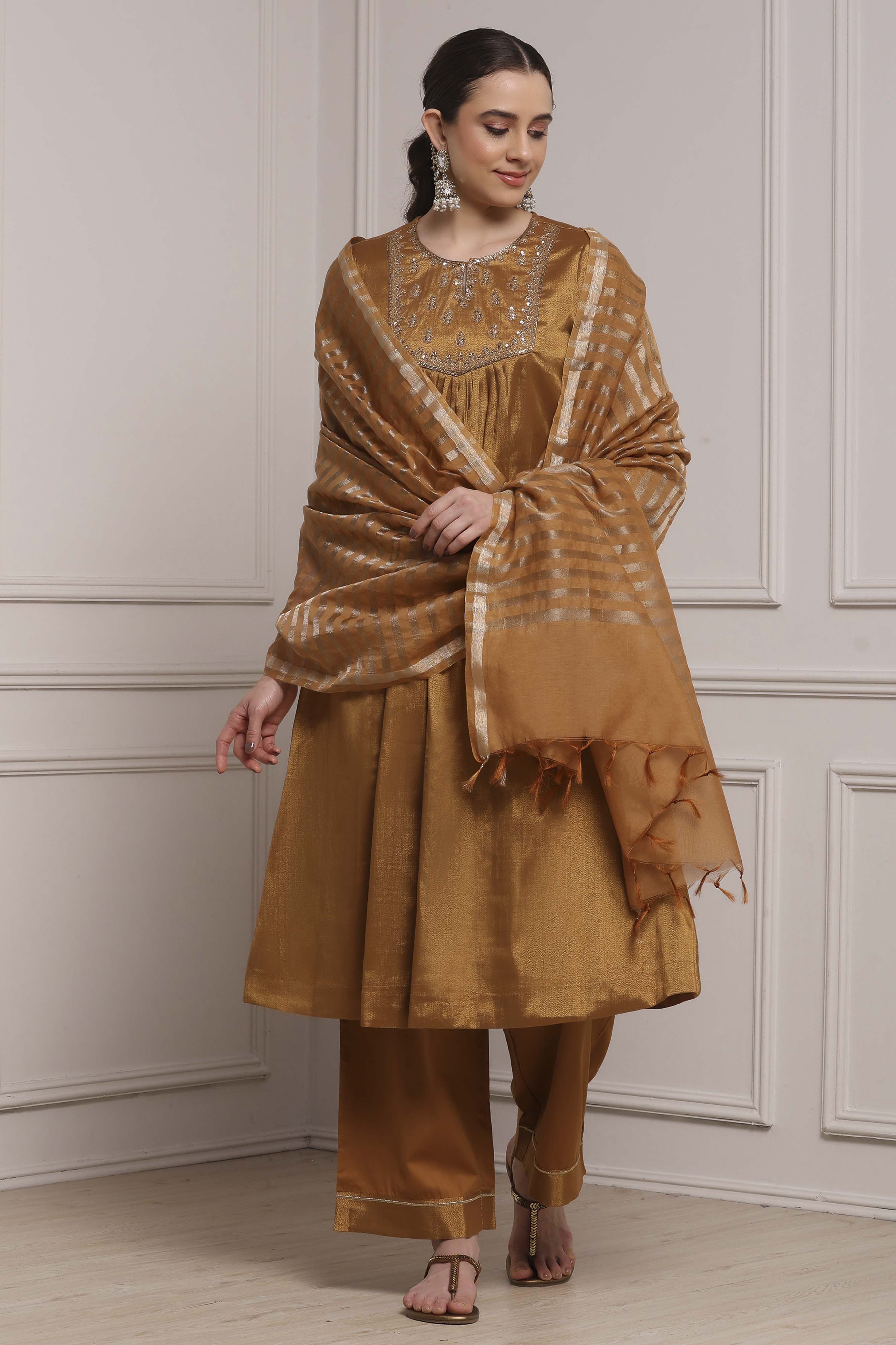 Copper Cotton Gathered Dyed Suit Set image number 0