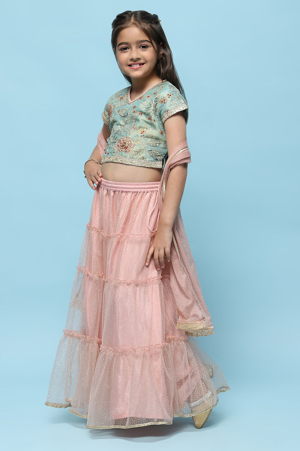 Green Cotton Tissue Blouse Tiered Lehenga & Net Dupatta image number 4