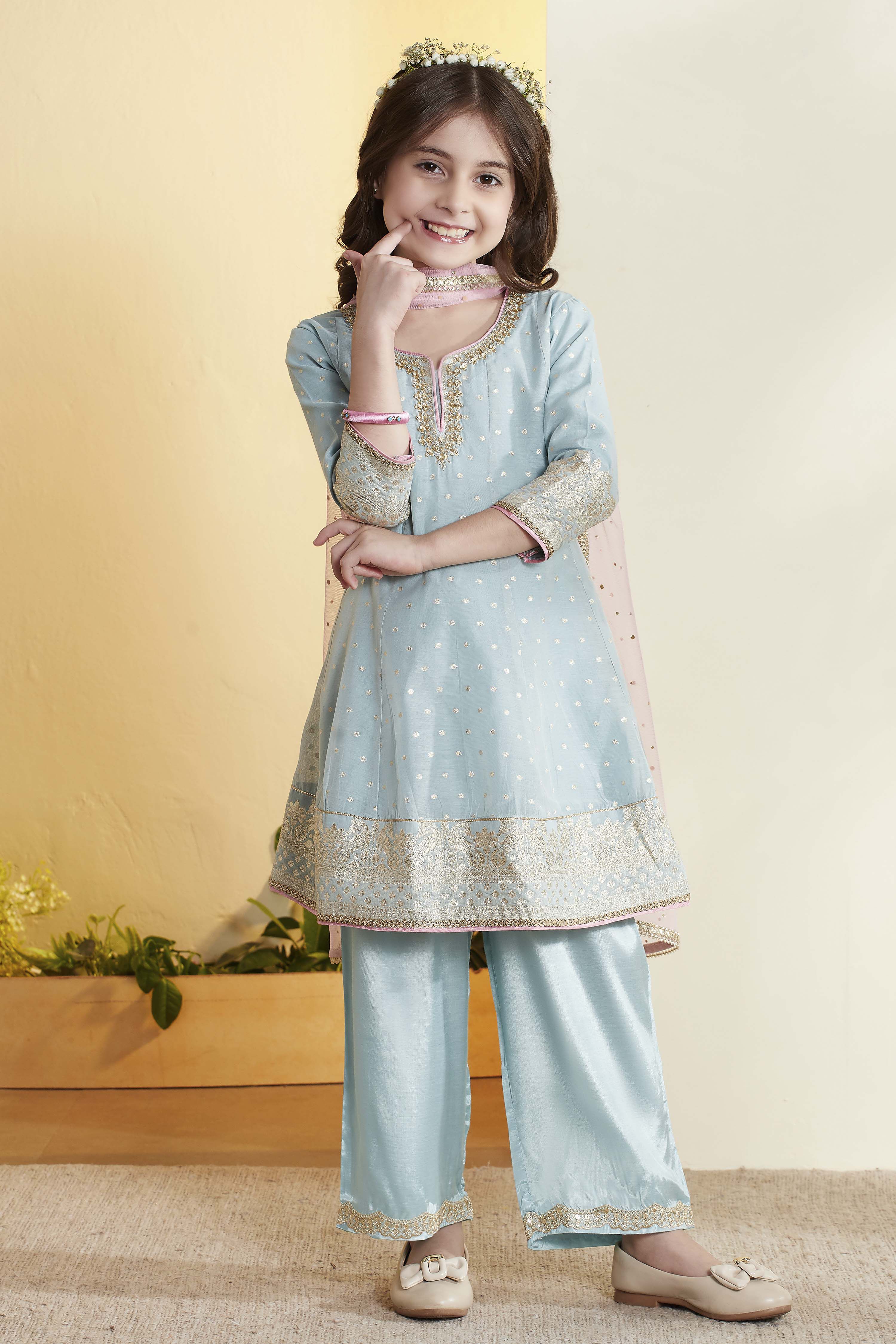 Blue Yarndyed Sequined Kalidar Kurta Set image number 6