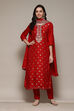Red Banarasi Silk Machine Embroidered Unstitched Suit Set image number 8