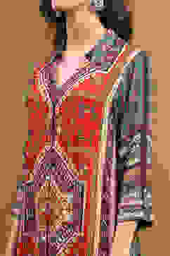 Rust and Green Block Printed Shirt Style Short Kurta image number 1