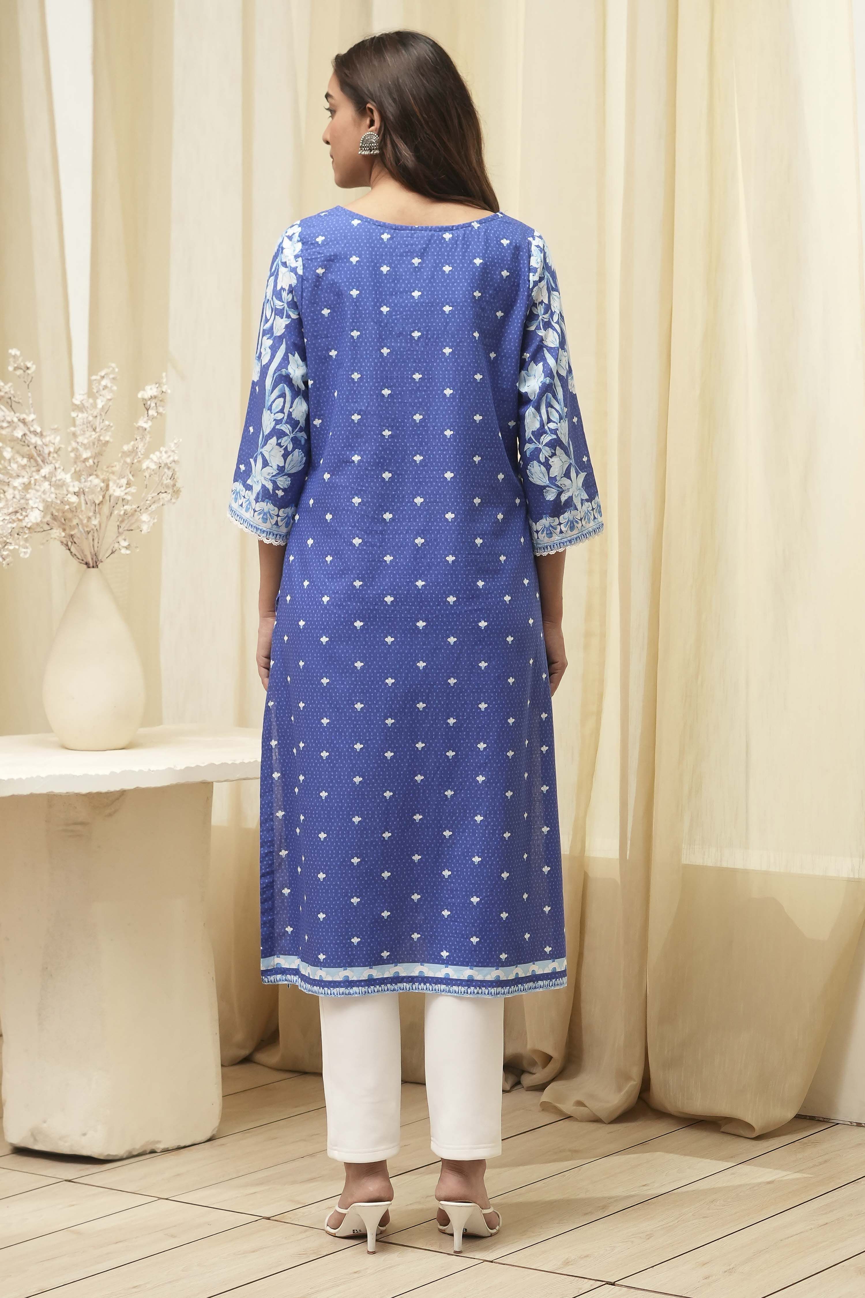 Blue Cotton Printed Straight Kurta image number 4