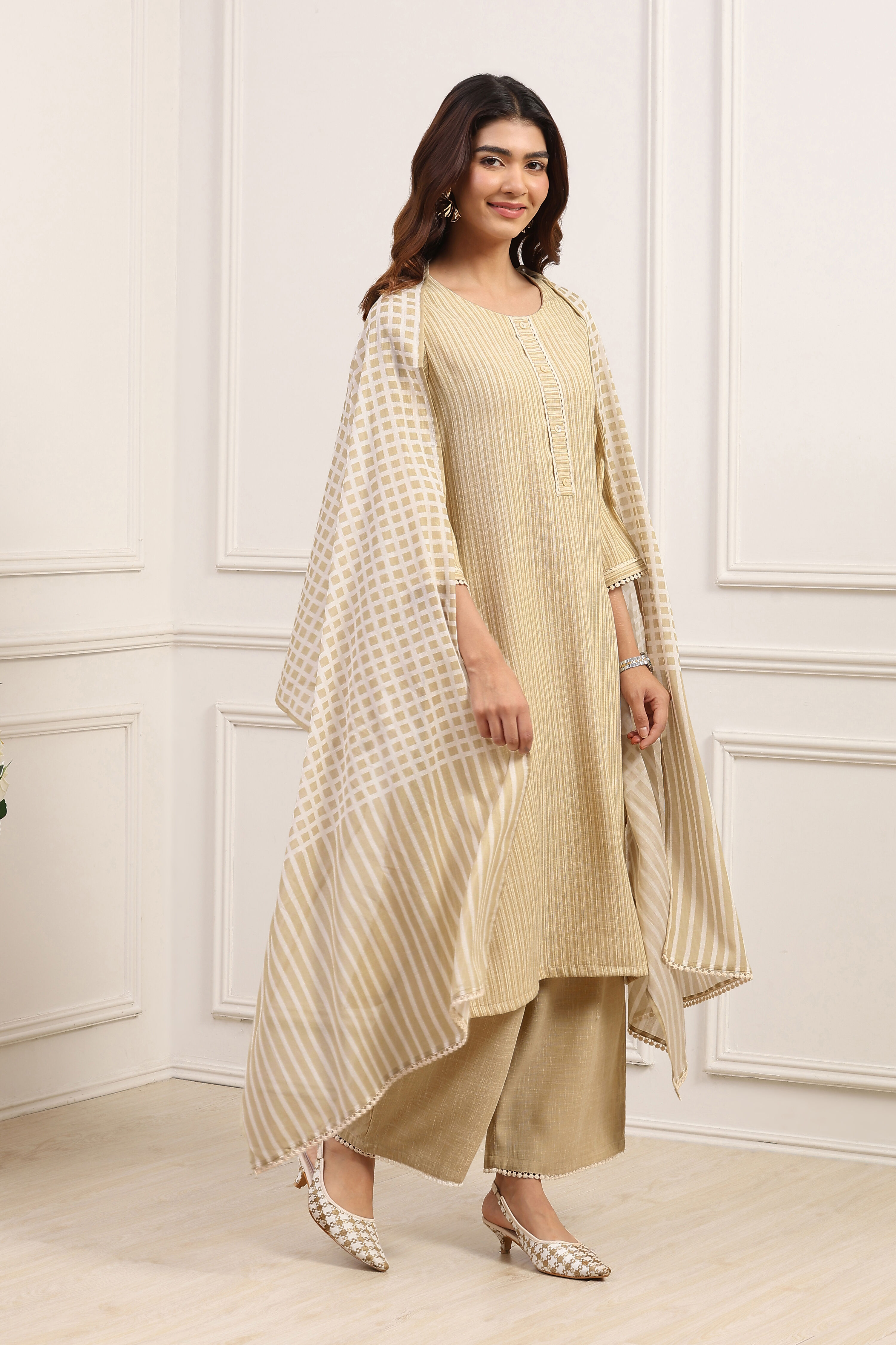 Pale-Yellow Voile Straight Kurta Palazzo Suit Set image number 5