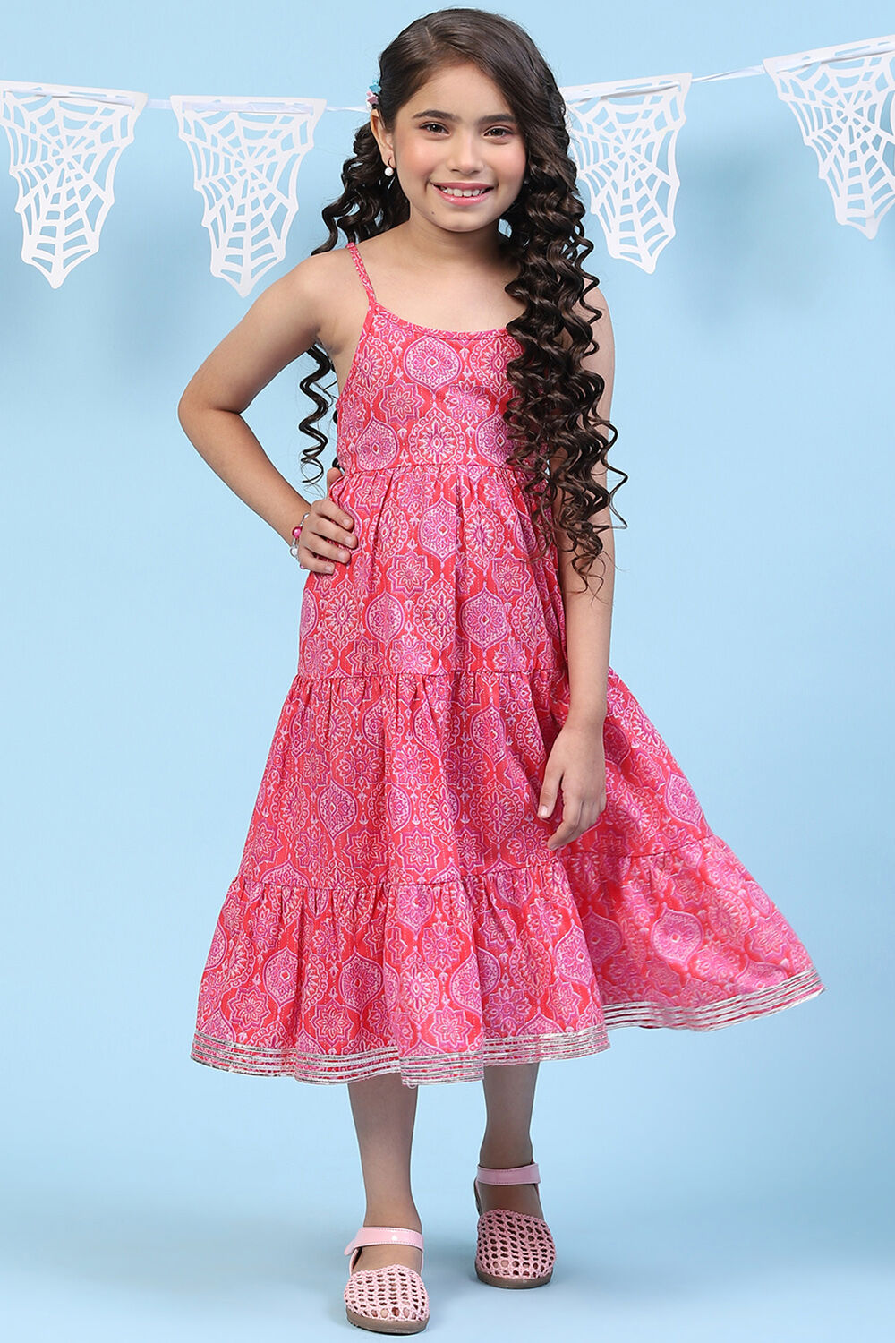 Red Cotton Tiered Printed Kurta Set