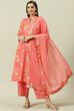 Peach Printed Cotton Straight Kurta Palazzo Suit Set image number 0