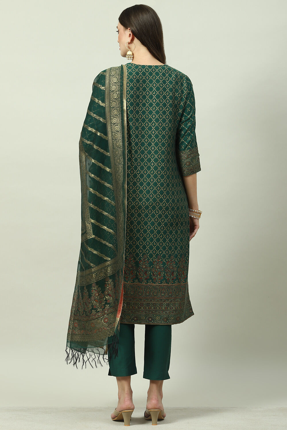 Emerald Green Art Silk Straight Kurta Slim Pants Suit Set image number 4