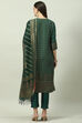 Emerald Green Art Silk Straight Kurta Slim Pants Suit Set image number 4