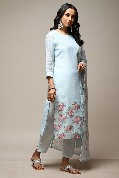 Blue Linen Digital Print Unstitched Suit Set image number 12