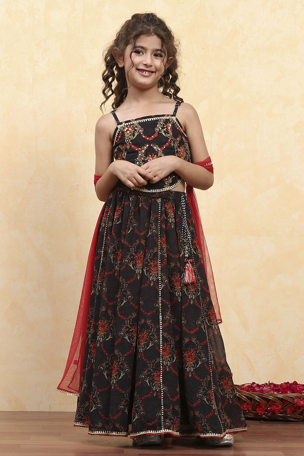 Black Polyester Printed Kalidar Lehenga Set image number 6