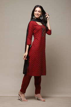 Red Cotton Printed Unstitched Suit Set image number 6