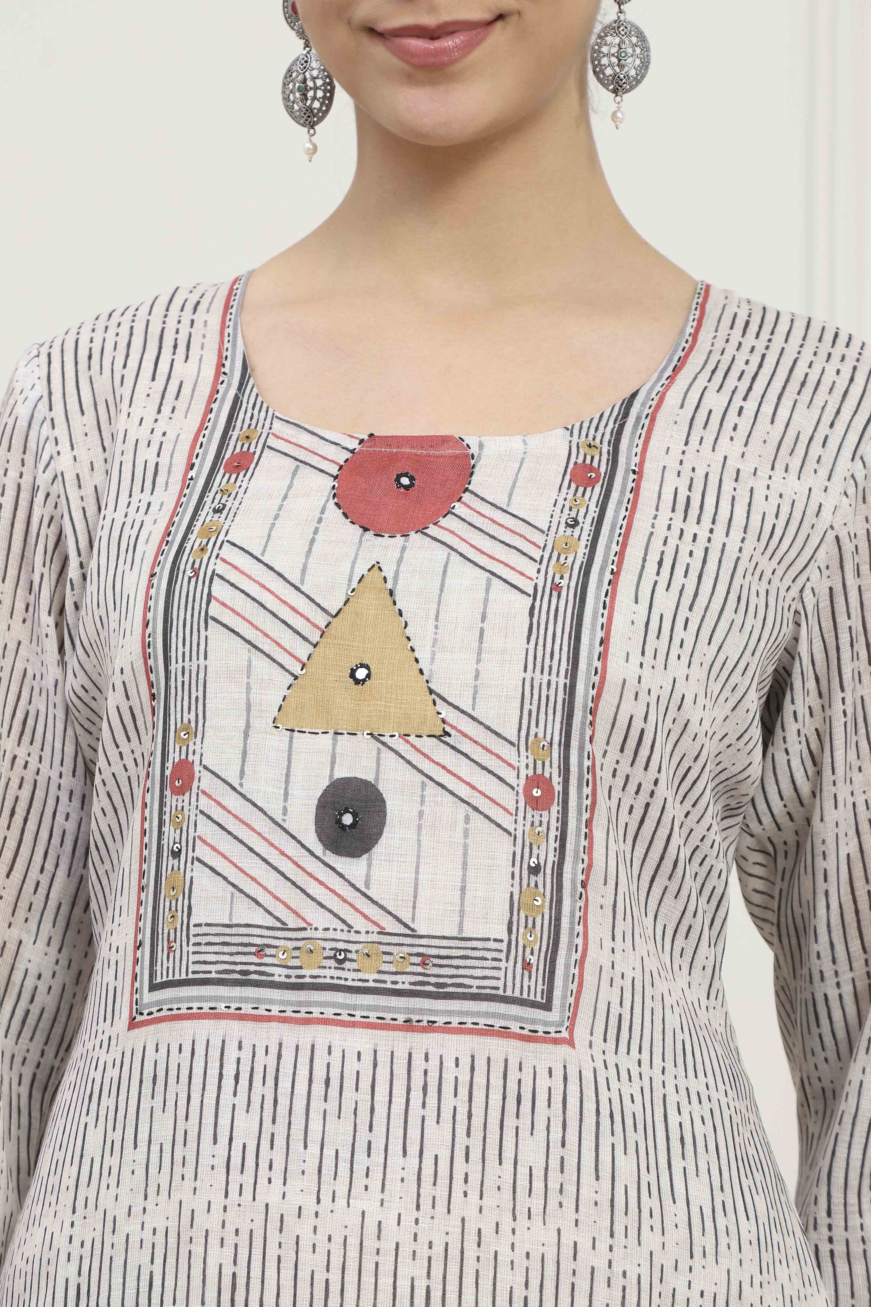 Off White Linen Blend Printed Unstitched Suit Set image number 2